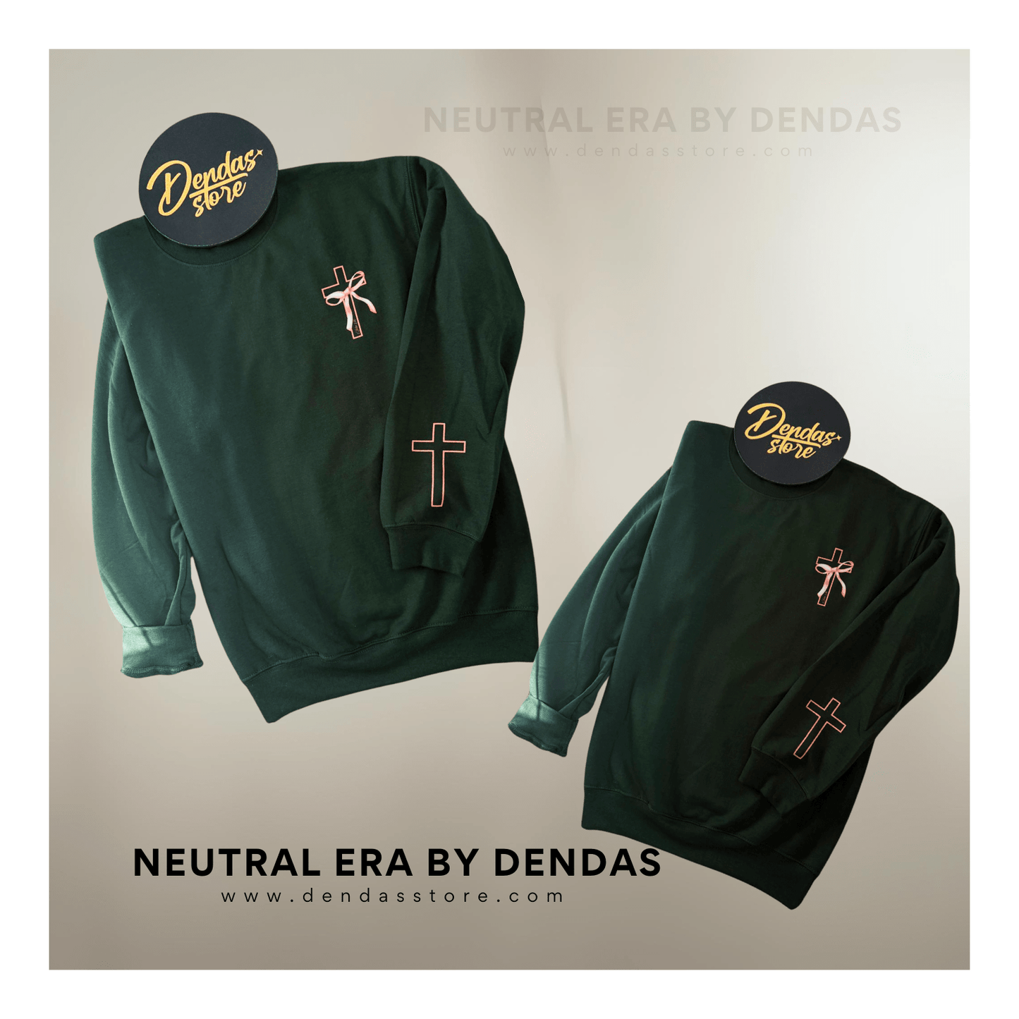 Minimalist Pink Cross Sweatshirt | Forest Green Oversized Crewneck | Unisex Aesthetic Christian Sweater | Neutral Era by Dendas - DendasStore