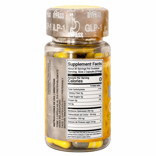 Supplement Facts label on a ByPass GLP-1 60-capsule bottle.