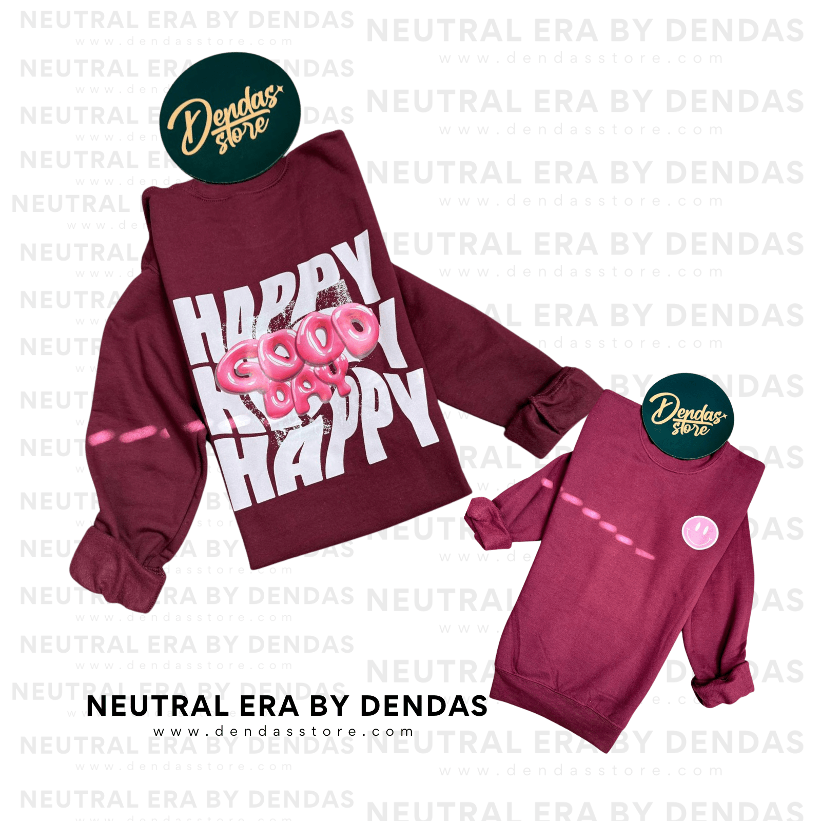 “Happy Good Day” Oversized Crewneck – Unisex Cozy Sweatshirt | Burgundy | Neutral Era by Dendas - DendasStore