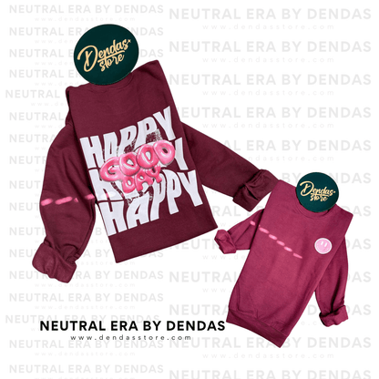 “Happy Good Day” Oversized Crewneck – Unisex Cozy Sweatshirt | Burgundy | Neutral Era by Dendas - DendasStore