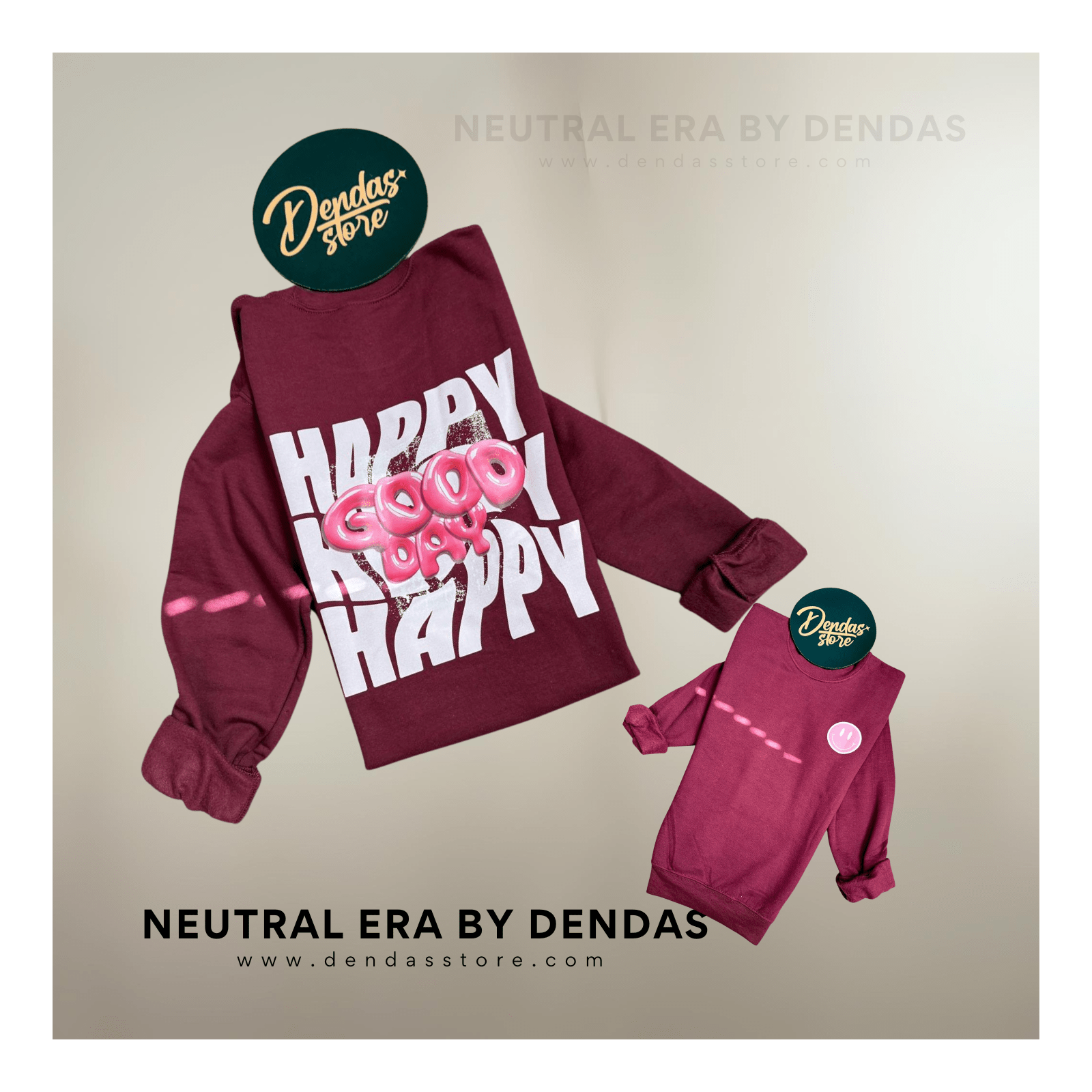 “Happy Good Day” Oversized Crewneck – Unisex Cozy Sweatshirt | Burgundy | Neutral Era by Dendas - DendasStore