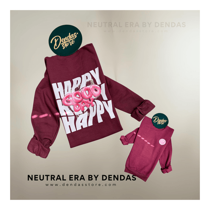 “Happy Good Day” Oversized Crewneck – Unisex Cozy Sweatshirt | Burgundy | Neutral Era by Dendas - DendasStore