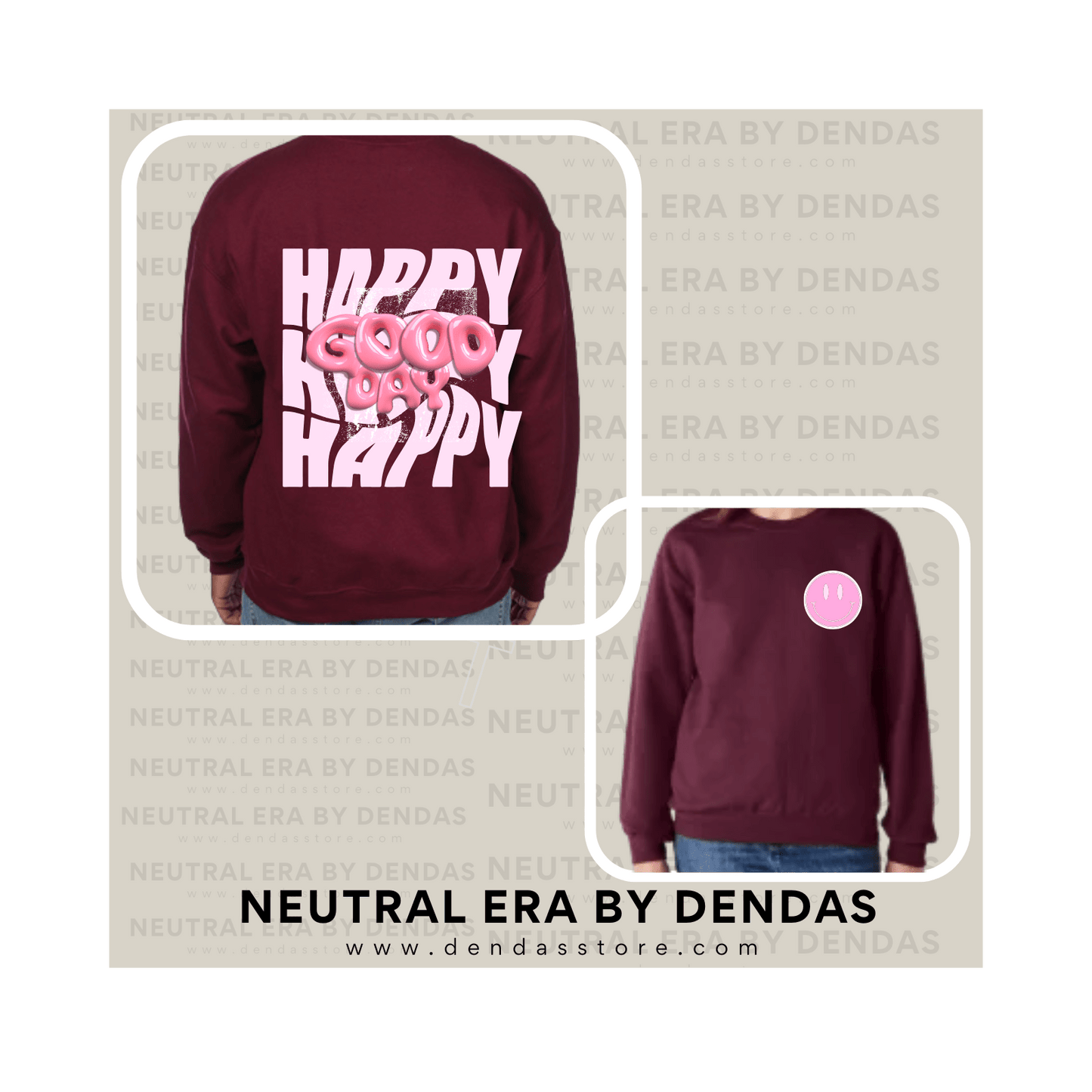 “Happy Good Day” Oversized Crewneck – Unisex Cozy Sweatshirt | Burgundy | Neutral Era by Dendas - DendasStore