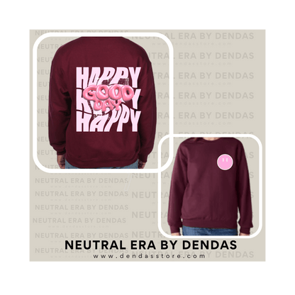 “Happy Good Day” Oversized Crewneck – Unisex Cozy Sweatshirt | Burgundy | Neutral Era by Dendas - DendasStore