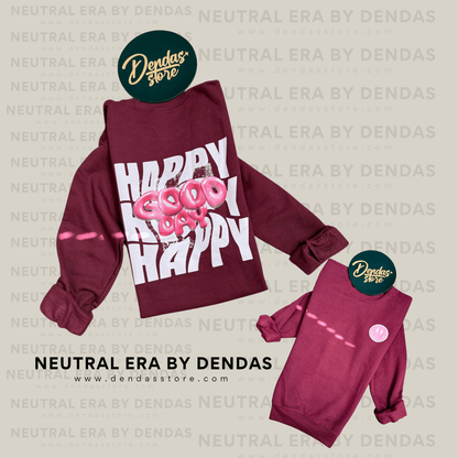 “Happy Good Day” Oversized Crewneck – Unisex Cozy Sweatshirt | Burgundy | Neutral Era by Dendas - DendasStore