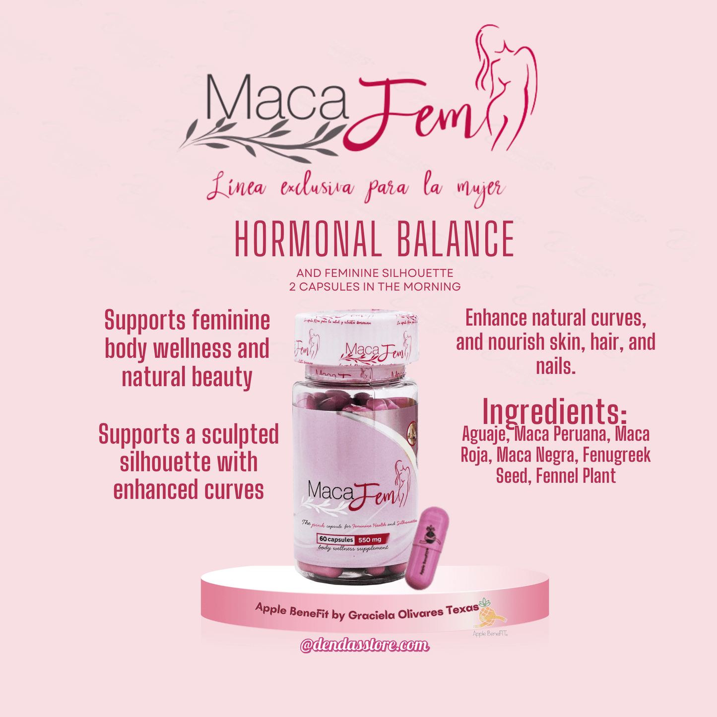 MacaFem Capsules by Apple BeneFIT® – The Pink Capsule for Natural Feminine Balance & Body Wellness – 60 Caps - DendasStore