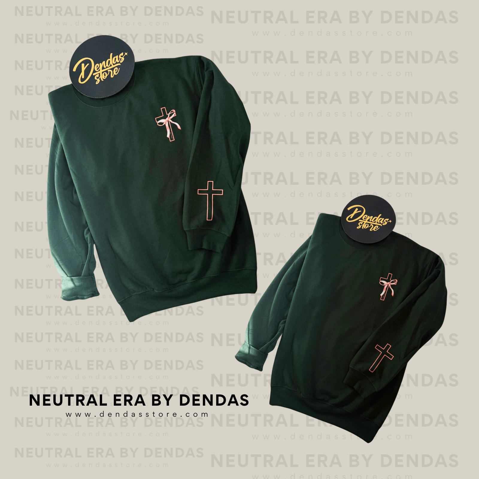 Minimalist Pink Cross Sweatshirt | Forest Green Oversized Crewneck | Unisex Aesthetic Christian Sweater | Neutral Era by Dendas - DendasStore