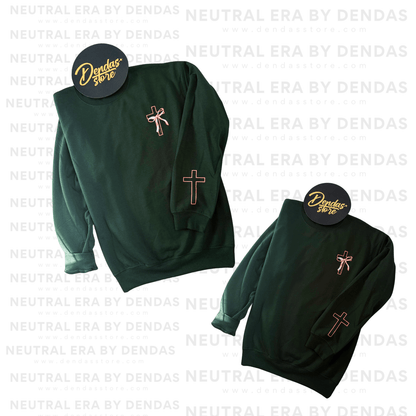 Minimalist Pink Cross Sweatshirt | Forest Green Oversized Crewneck | Unisex Aesthetic Christian Sweater | Neutral Era by Dendas - DendasStore